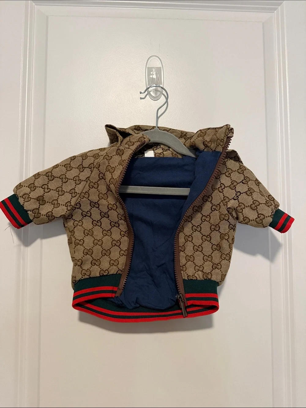 Gucci Beige Brown Monogram Dog Hoodie with Red and Green Trim